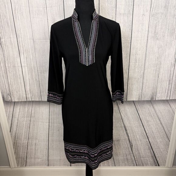 WHBM Women's Small Black Embroidered Trim Stretch Shift 3/4 Sleeve Dress - Picture 1 of 7